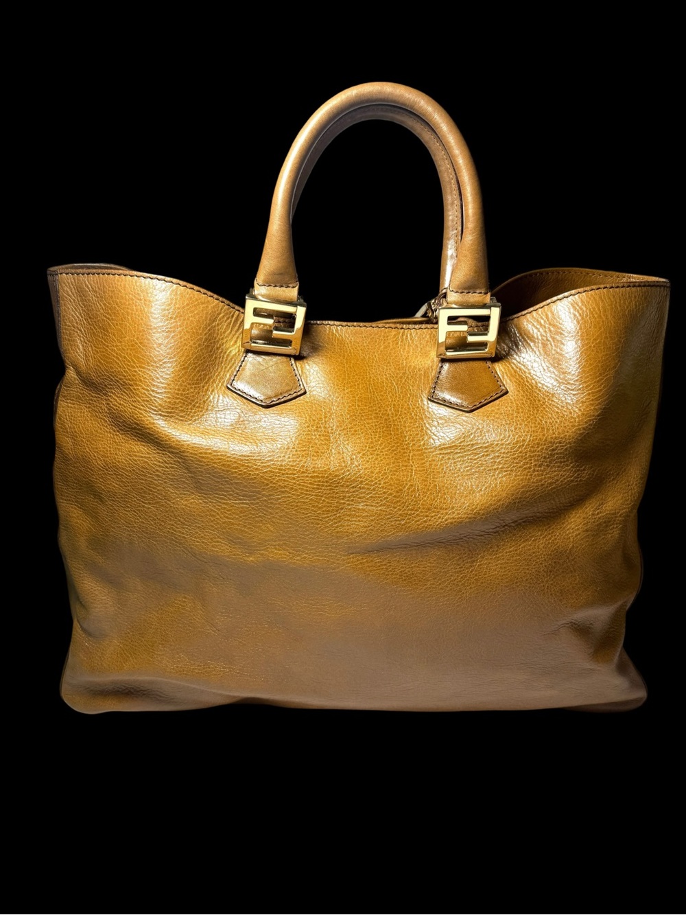 Fendi Twins Caramel Brown Leather Tote with Gold Hardware